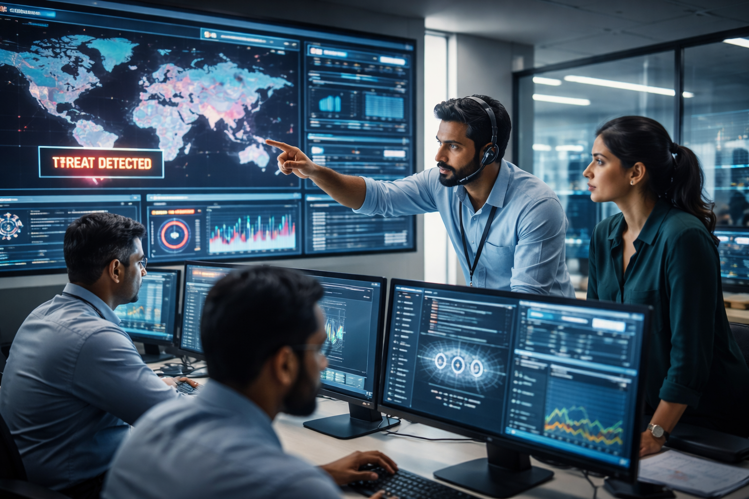 Cybersecurity professionals monitoring real-time threat detection systems in a modern security operations center