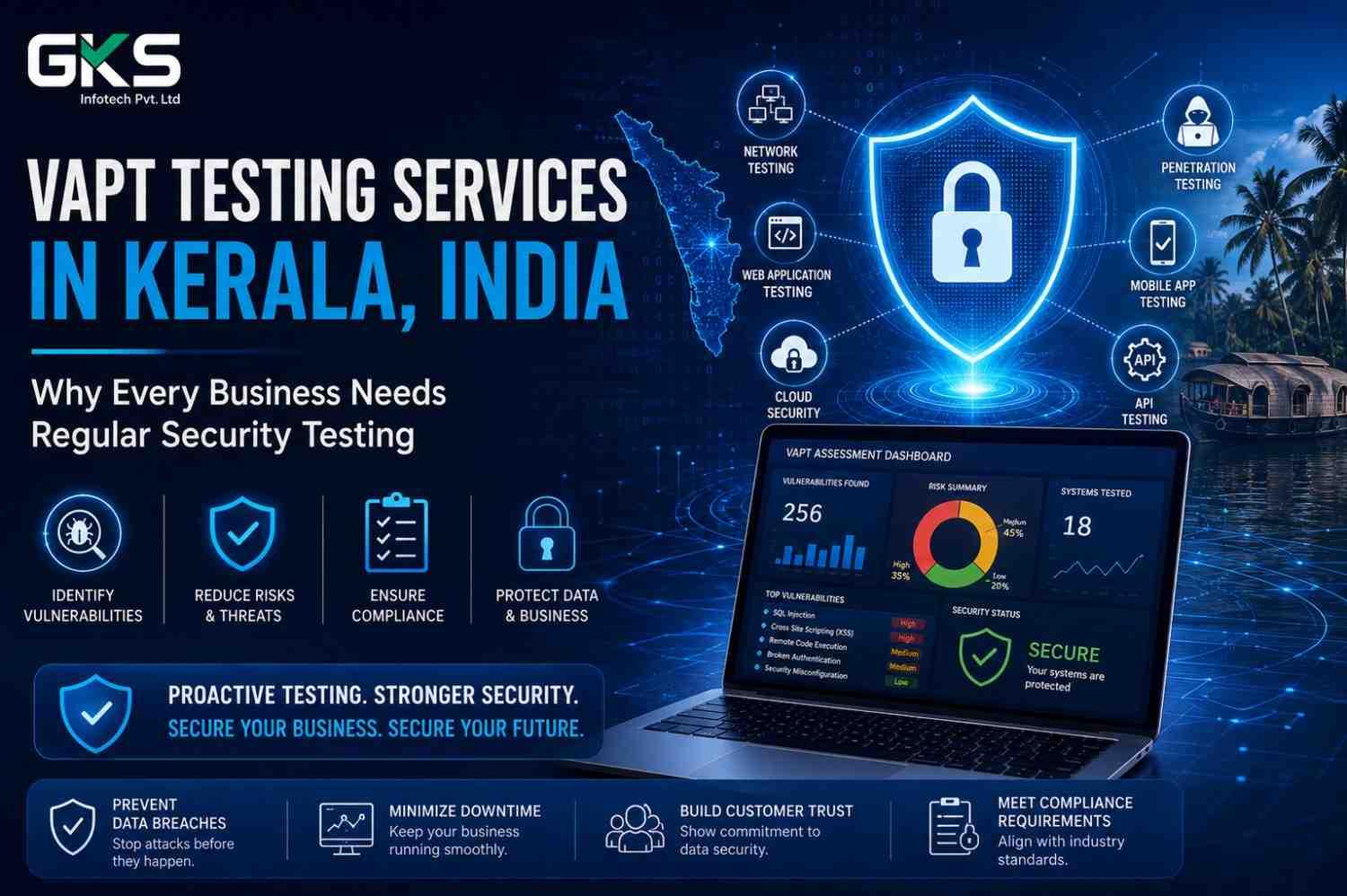 GKS Infotech VAPT testing services in Kerala featuring vulnerability assessment, penetration testing, cloud security, network security and compliance solutions