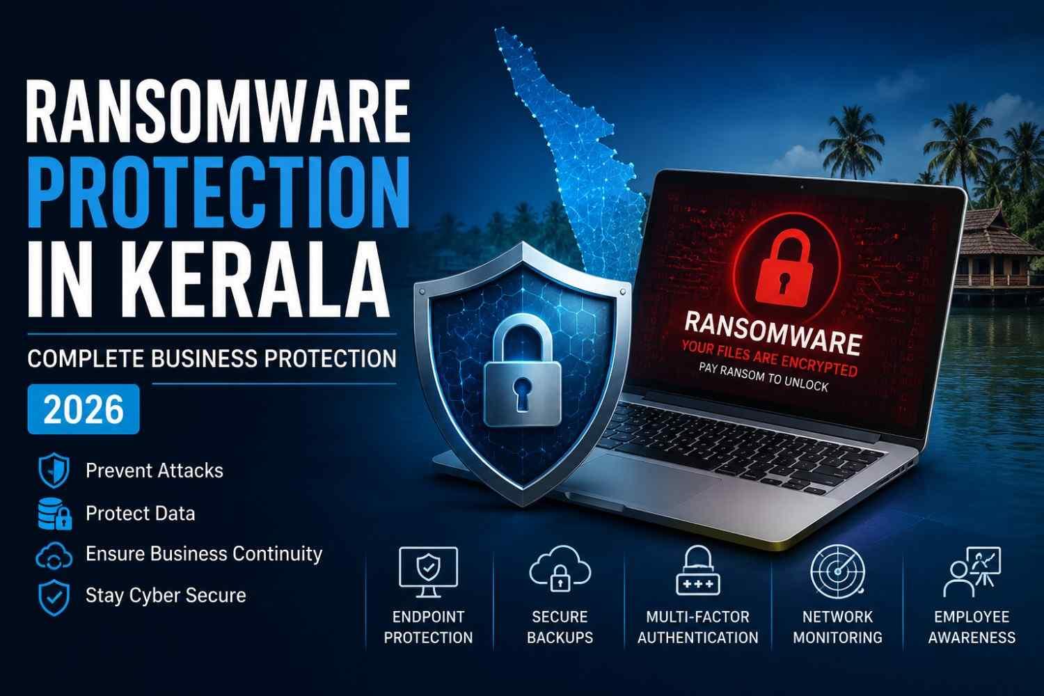 Ransomware protection in Kerala for businesses with cybersecurity shield, secure backups, endpoint protection and network monitoring