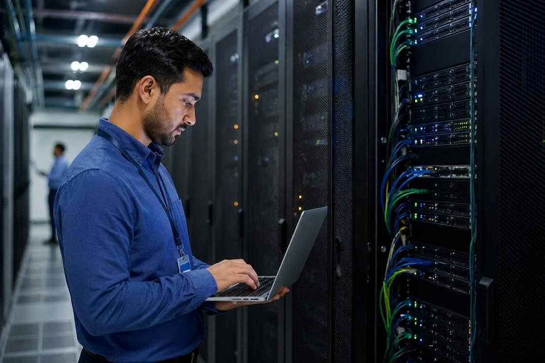 An IT professional managing servers inside a secure and advanced data center facility.