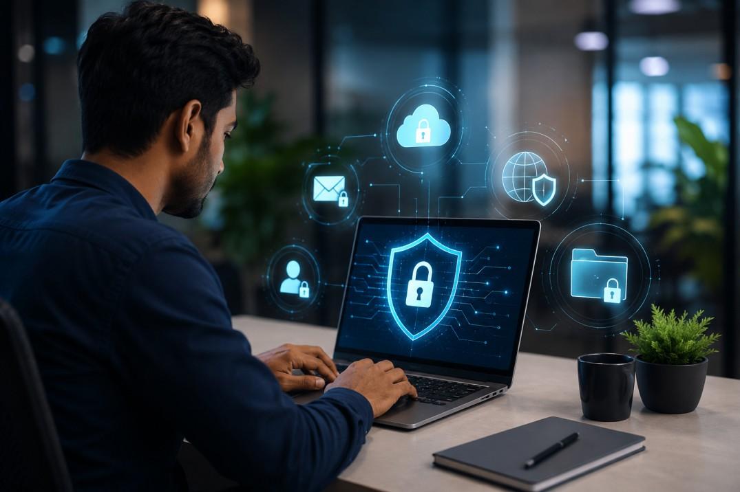 Cybersecurity concept illustration showing hacker, digital shield, and Kerala map representing cybersecurity companies in Kerala protecting businesses from cyber threats
