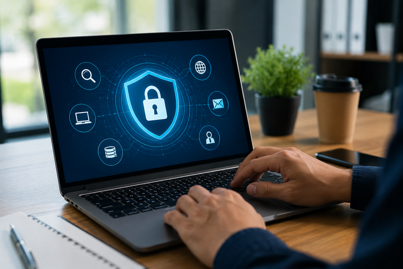 Cybersecurity dashboard on laptop for VAPT testing and business data protection.