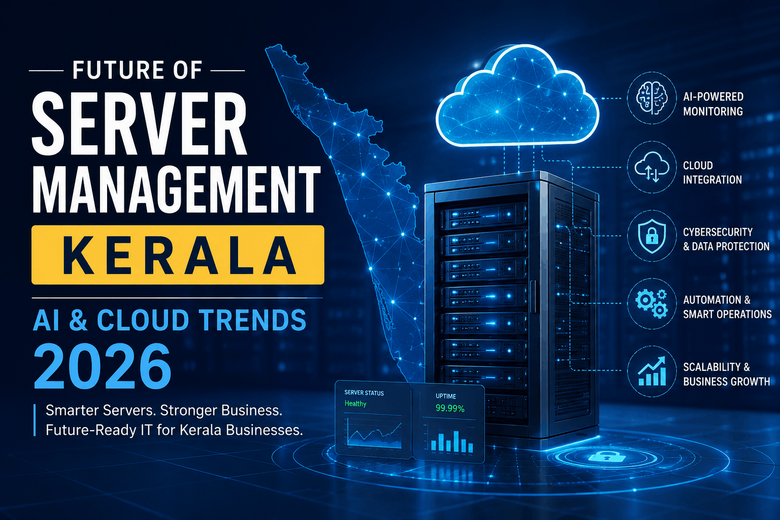 Future of server management in Kerala featuring AI-powered monitoring, cloud integration, and managed IT services