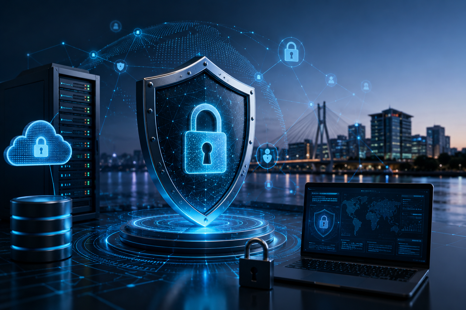 Futuristic cybersecurity shield with digital lock, cloud protection, and network security concept