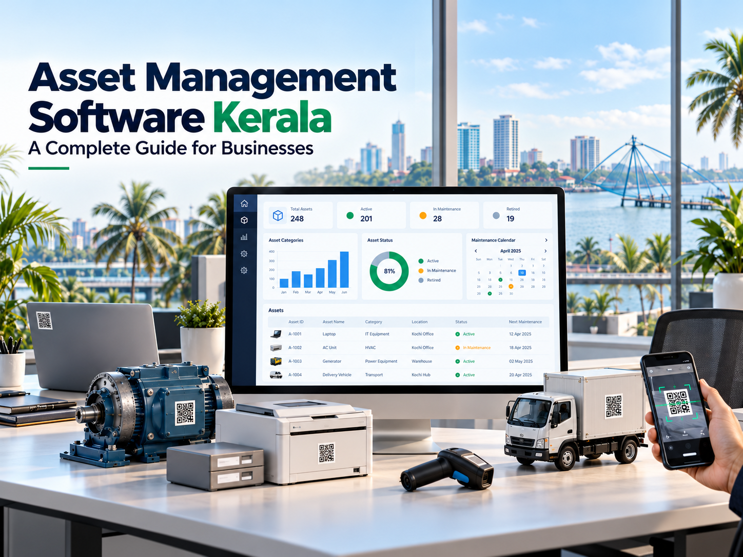 Asset management software dashboard with QR-tagged equipment, laptops and machinery in a Kerala business setting.