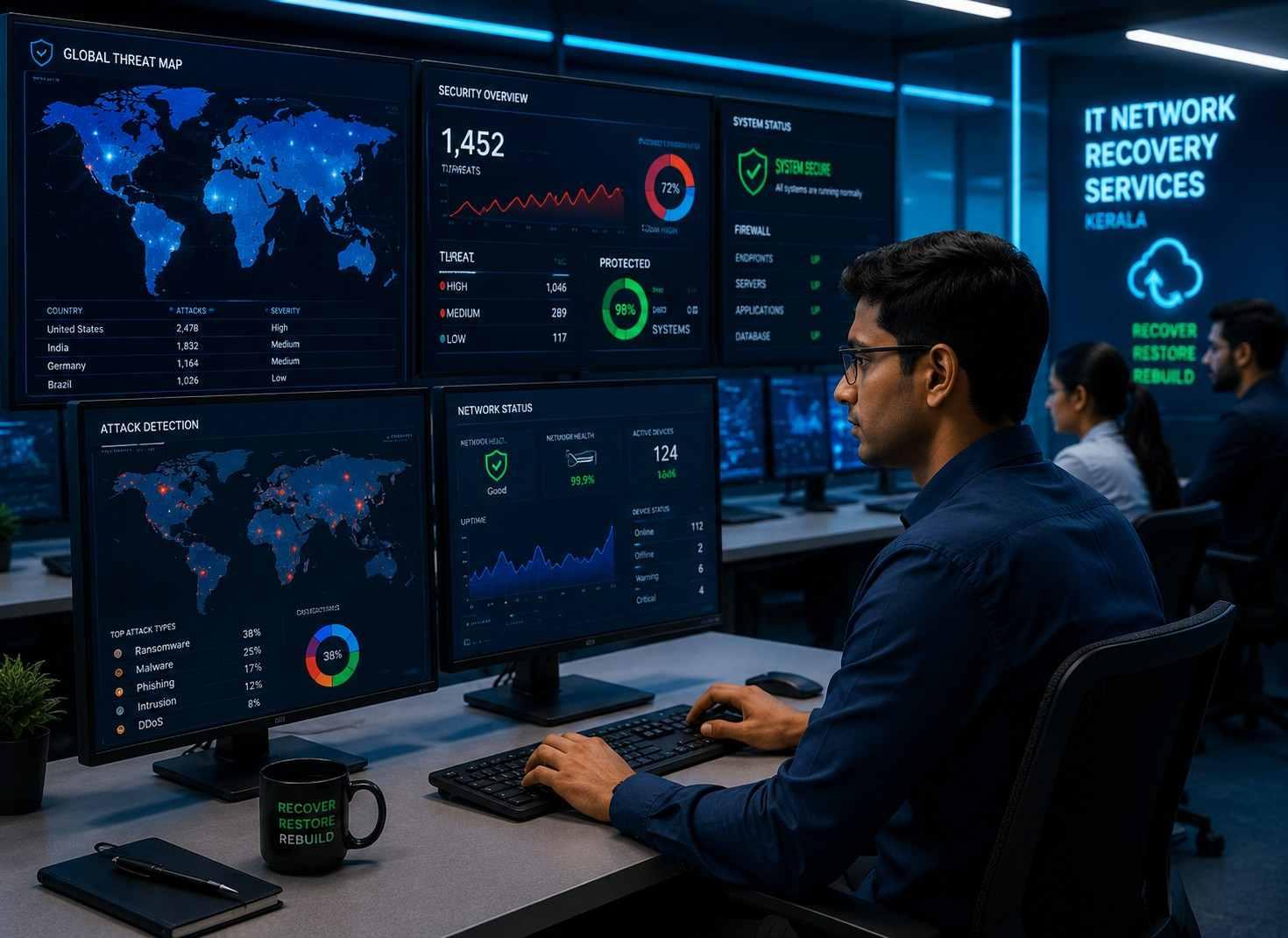 Cybersecurity experts monitoring real-time threat dashboards in a Kerala SOC for IT network recovery services in Kerala, ensuring fast incident response and secure recovery.