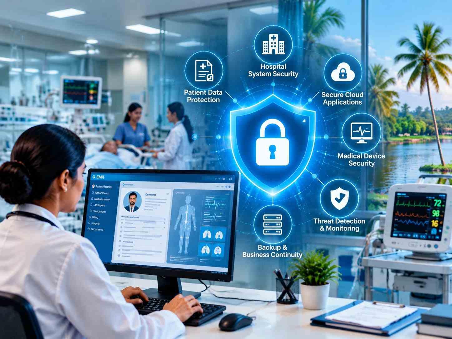 Healthcare cybersecurity solutions in Kerala protecting patient data, hospital systems, EMR platforms and medical devices