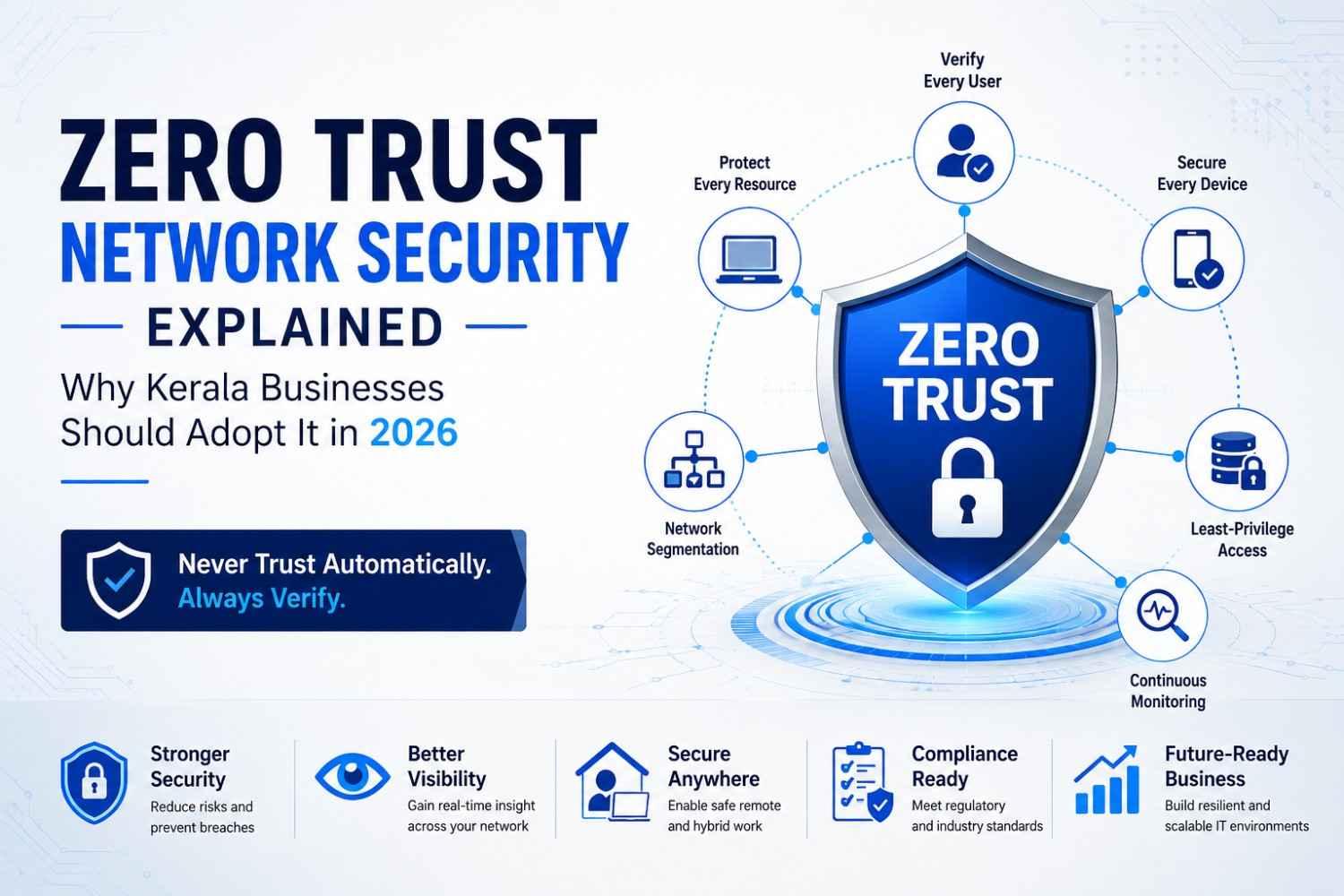 Zero Trust Network Security shield protecting Kerala businesses with secure users, devices, cloud systems, network segmentation and continuous monitoring in 2026