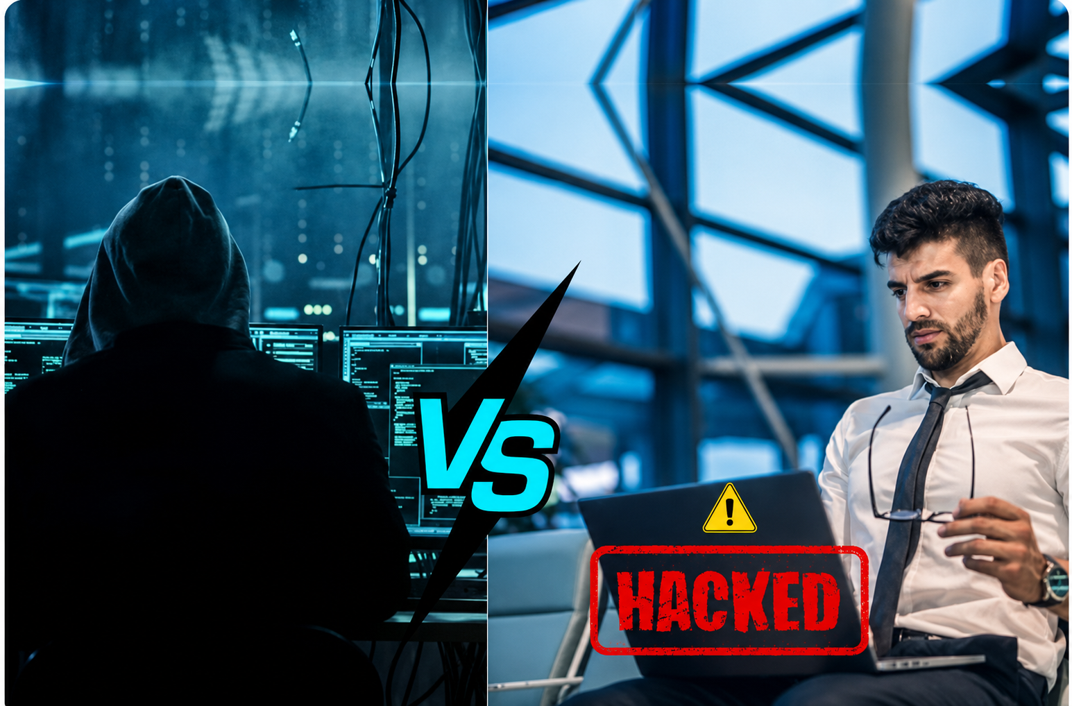 Cybersecurity for small businesses showing hacker threat vs hacked business laptop in 2025